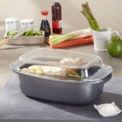 Nouveaux produits -Cuisine Appareils Magasin 10838 1 2 Cocotte rectangulaire et couvercle revetement Dur comme la pierre 32 cm Mathon